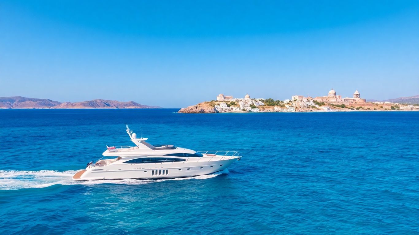 Yacht sailing in Greece with islands in the background.