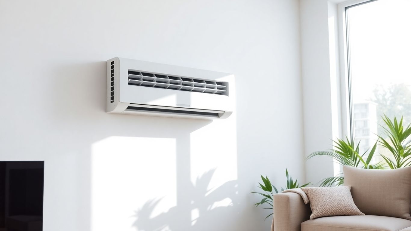Unité intérieure de climatisation murale dans un salon moderne.