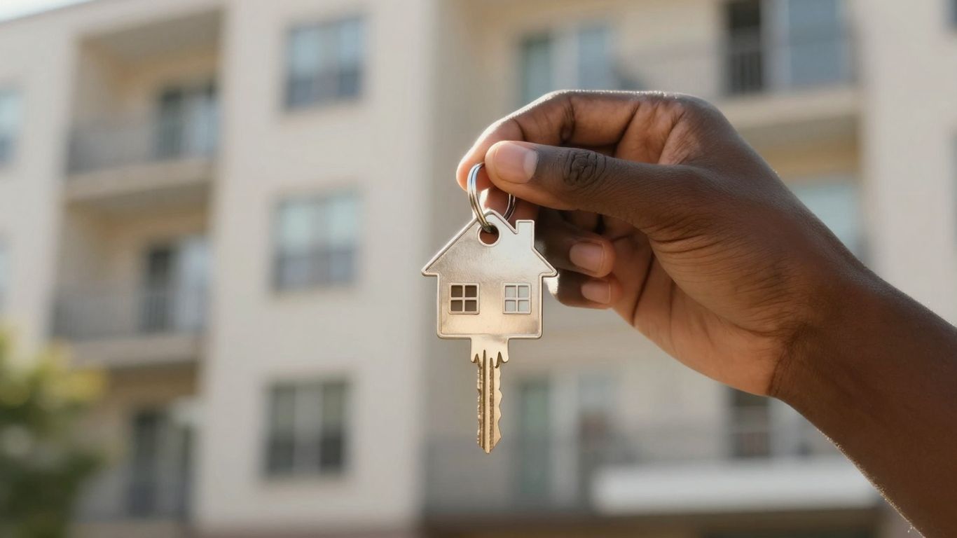 House key in hand, apartment building background.