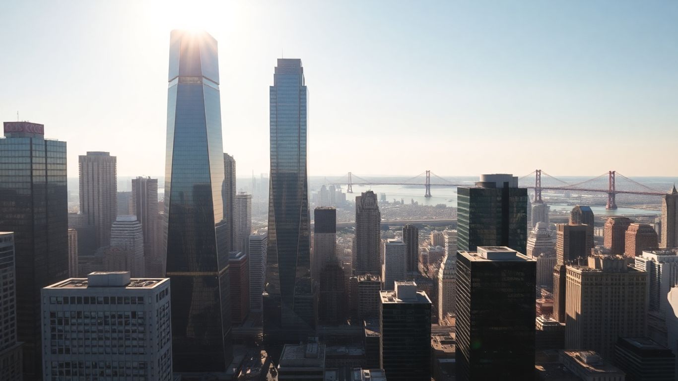 City skyline with skyscrapers and bridges.