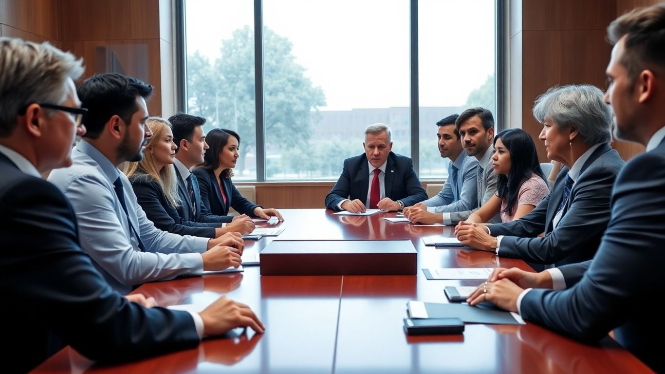 Politicieni discutând în jurul unei mese într-o sală modernă.