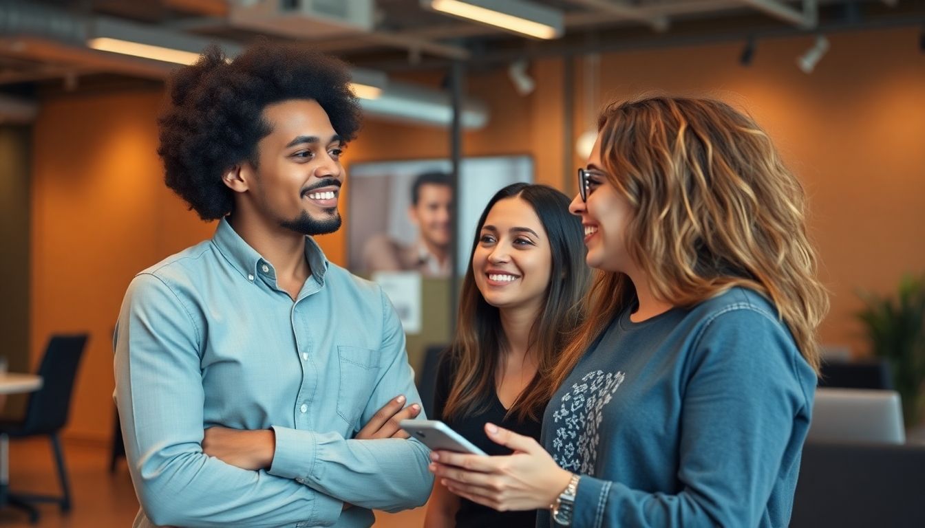 Jovens aprendizes em ambiente corporativo interagindo com mentores