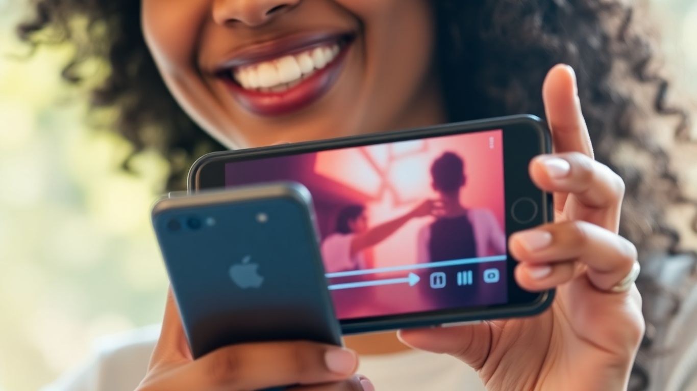 Person holding a smartphone with a video player.