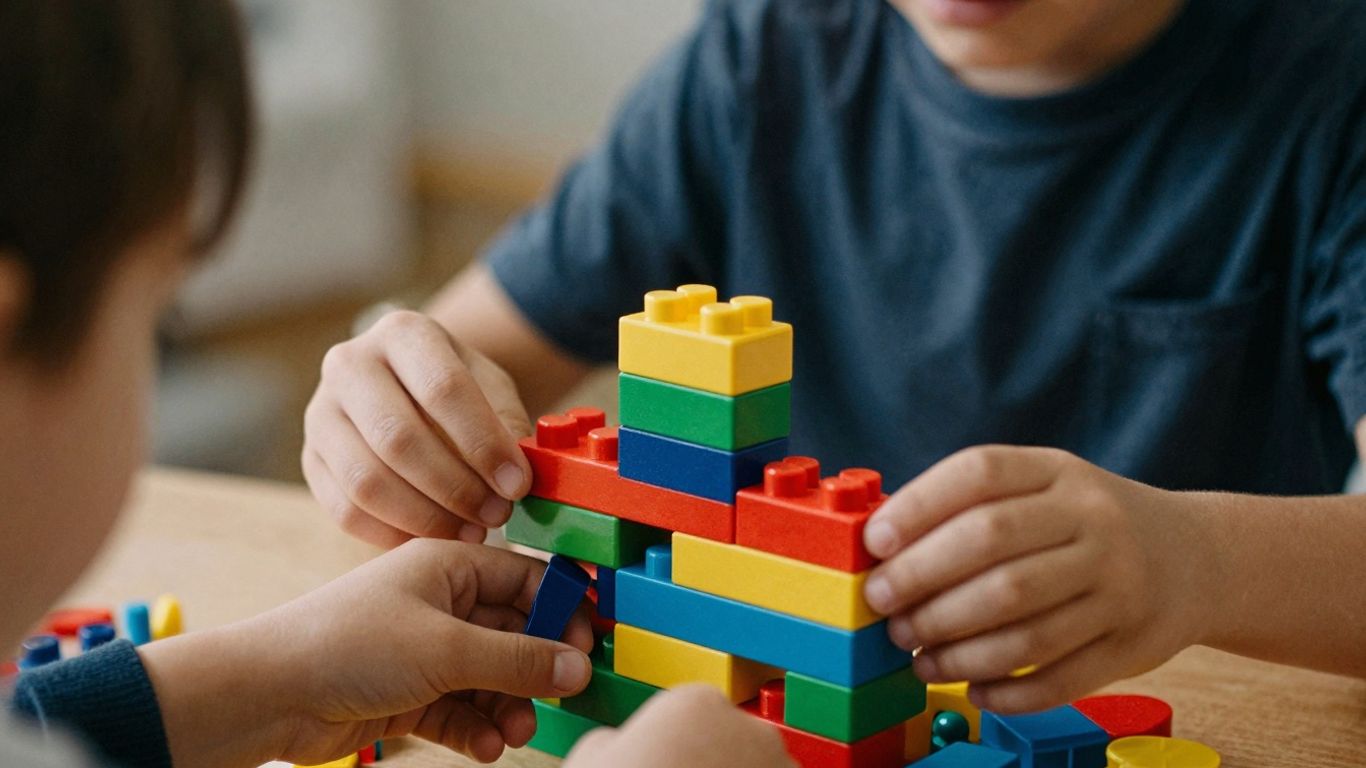 Child playing with colorful blocks, learning through interaction.
