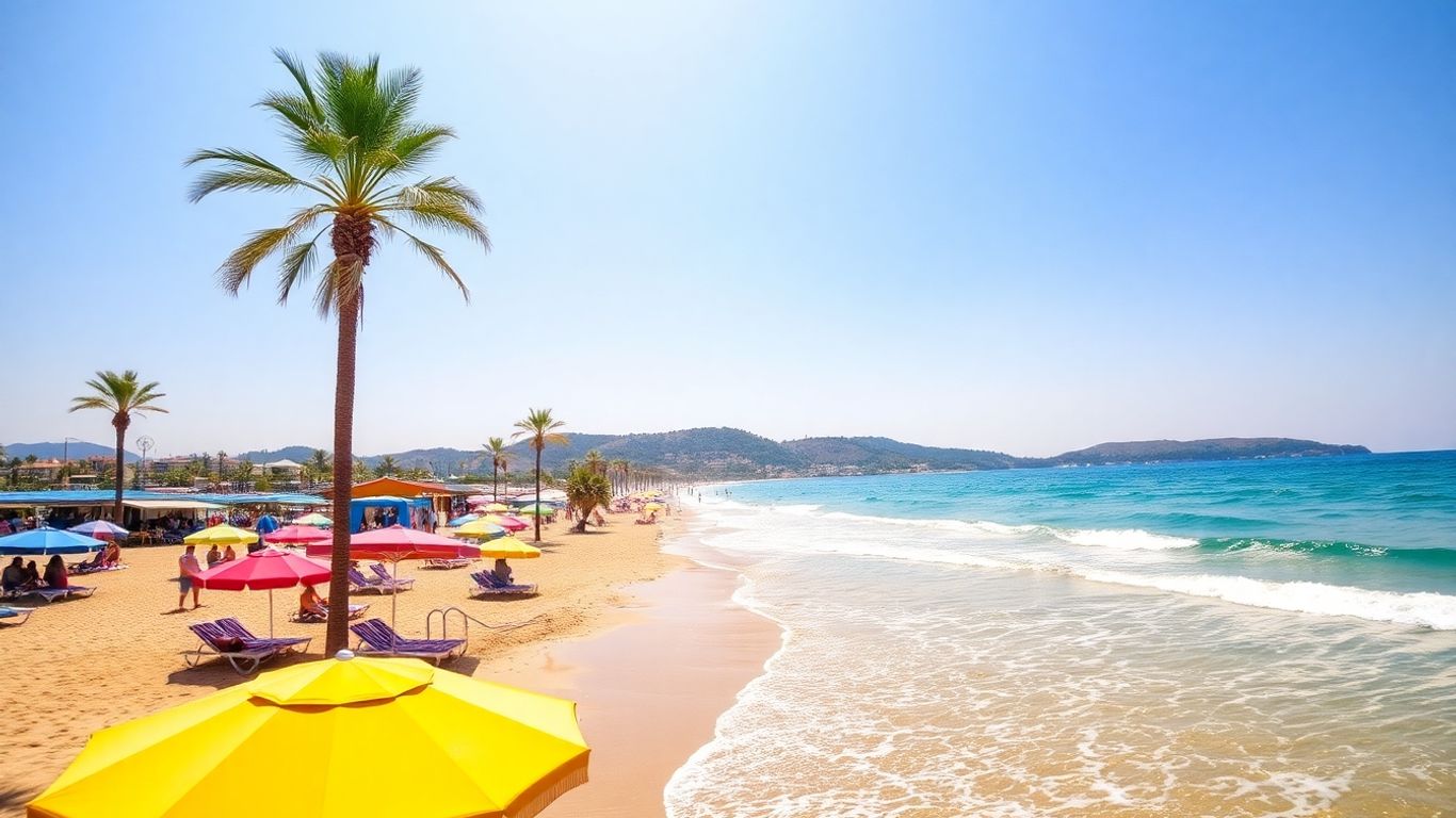 Sunny Bulgarian beach with umbrellas and clear blue sea