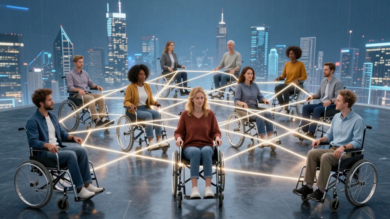 Connected individuals in a futuristic setting.