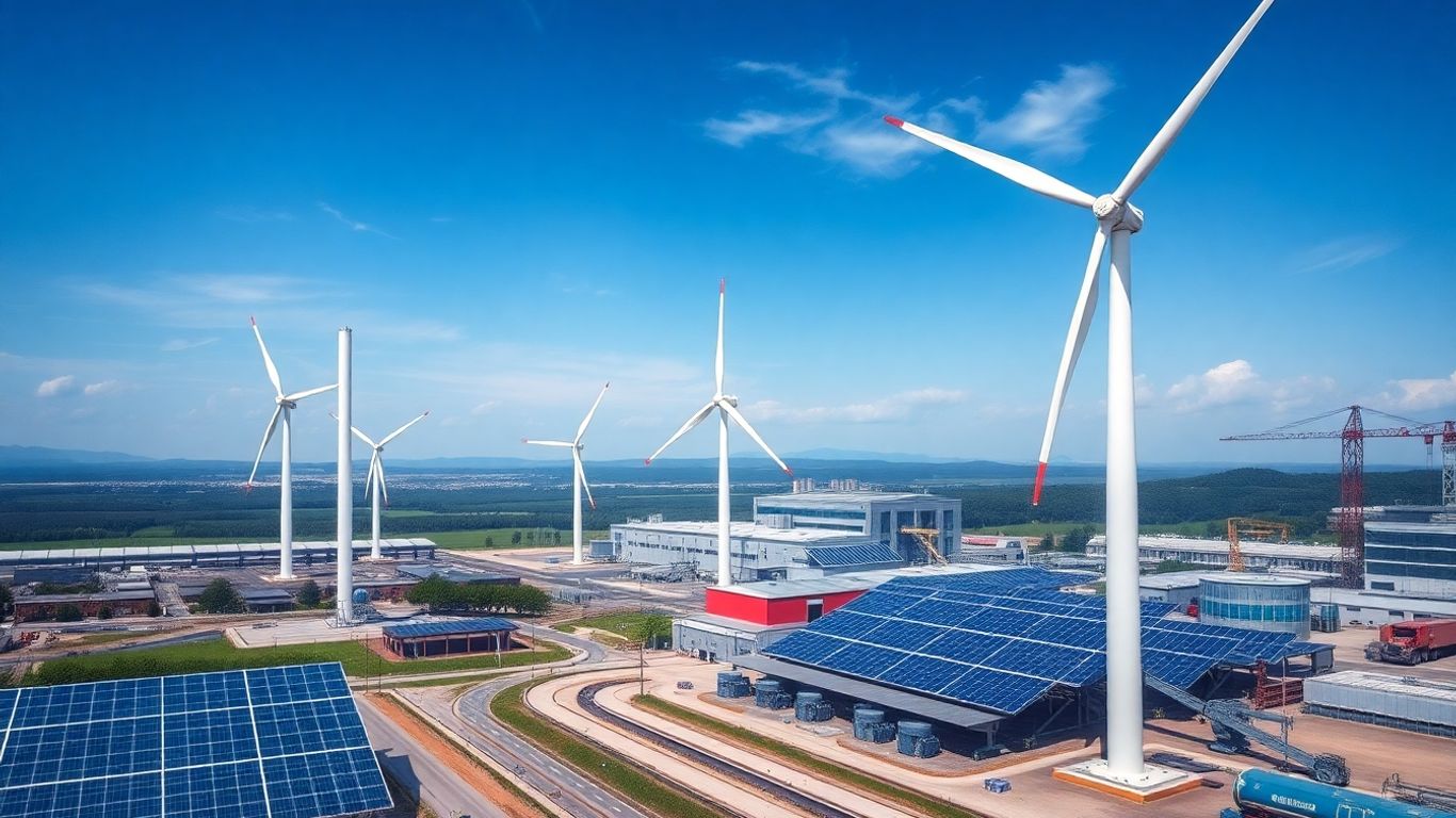 Turbine eoliene și panouri solare în peisaj industrial.