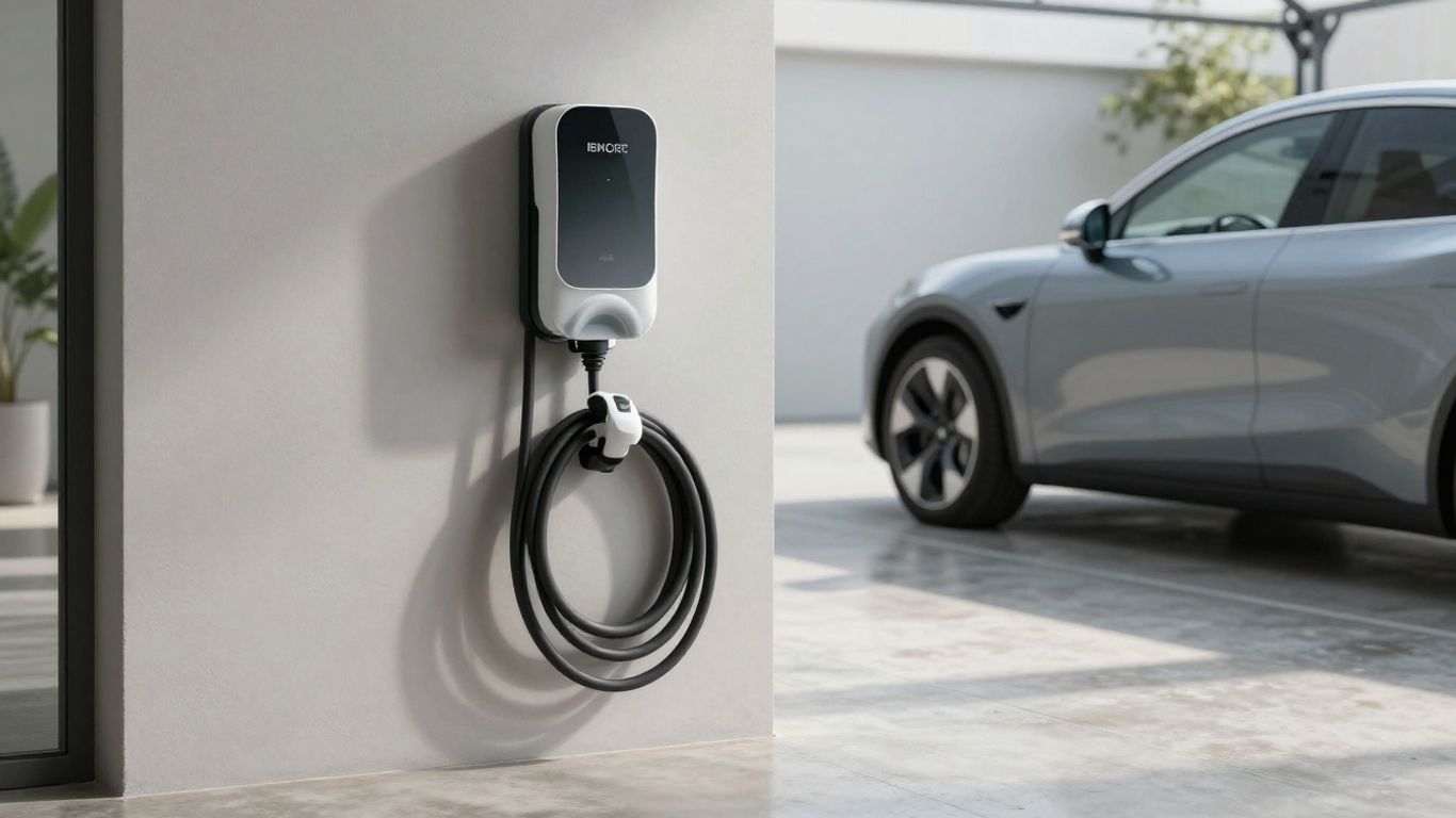 Prise renforcée pour voiture électrique dans un garage domestique.