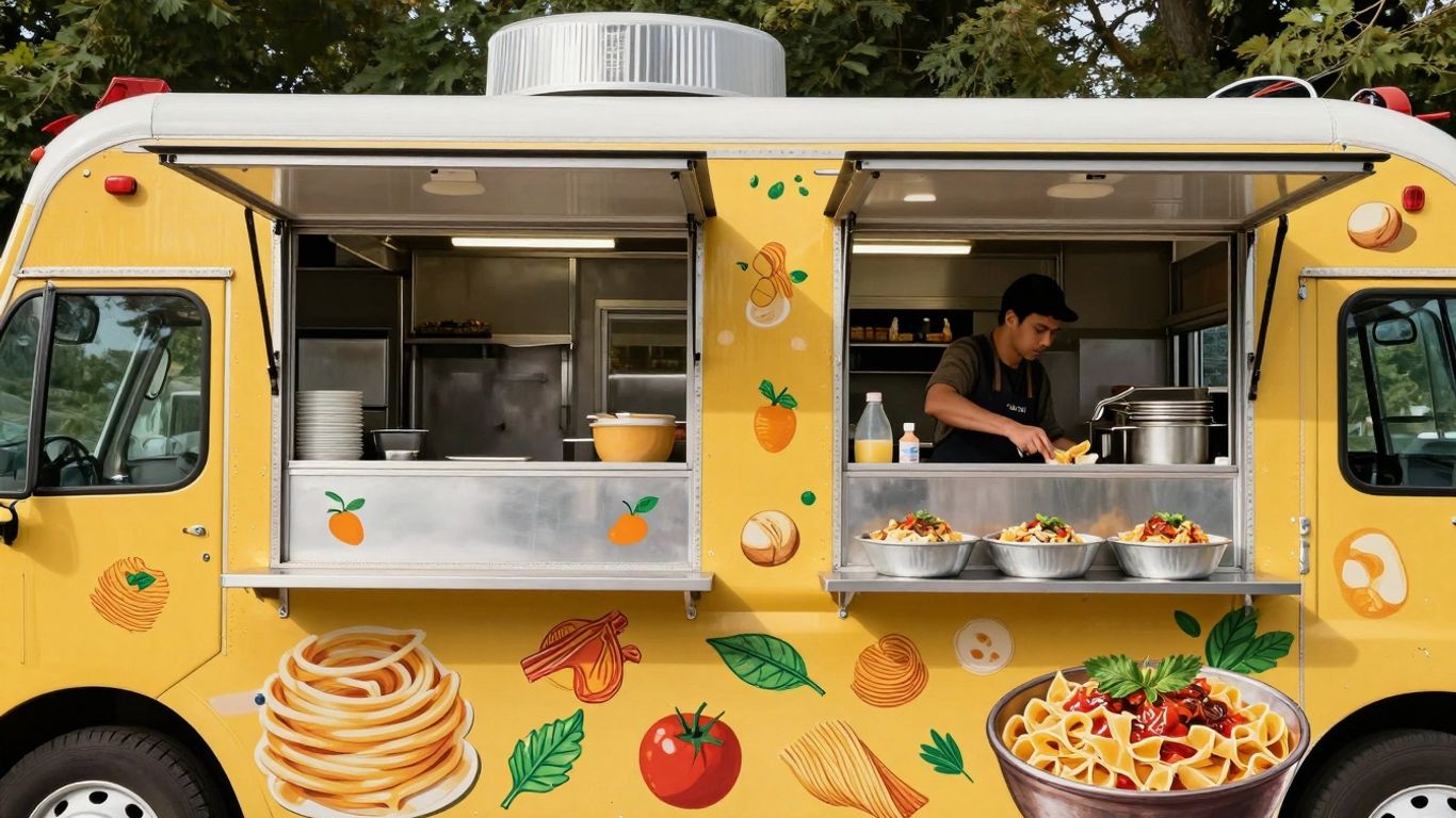 Eye-catching yellow fresh pasta food truck with pasta illustrations.