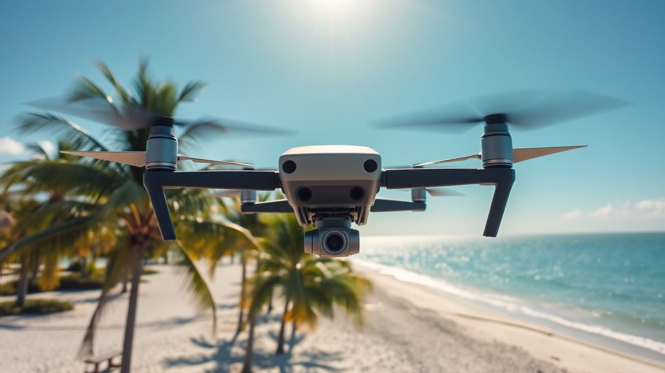 Drone flying over Florida beach with palm trees.