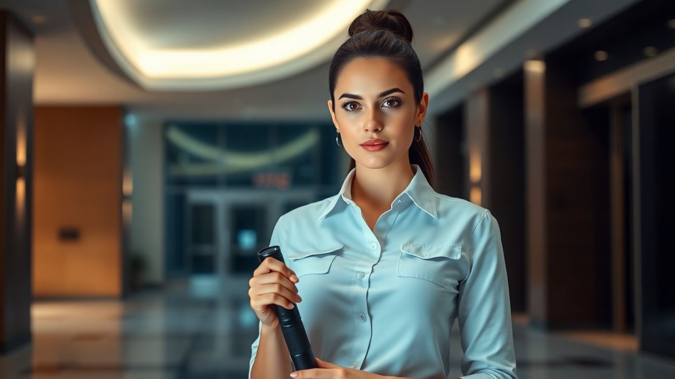 Female night security concierge on duty.