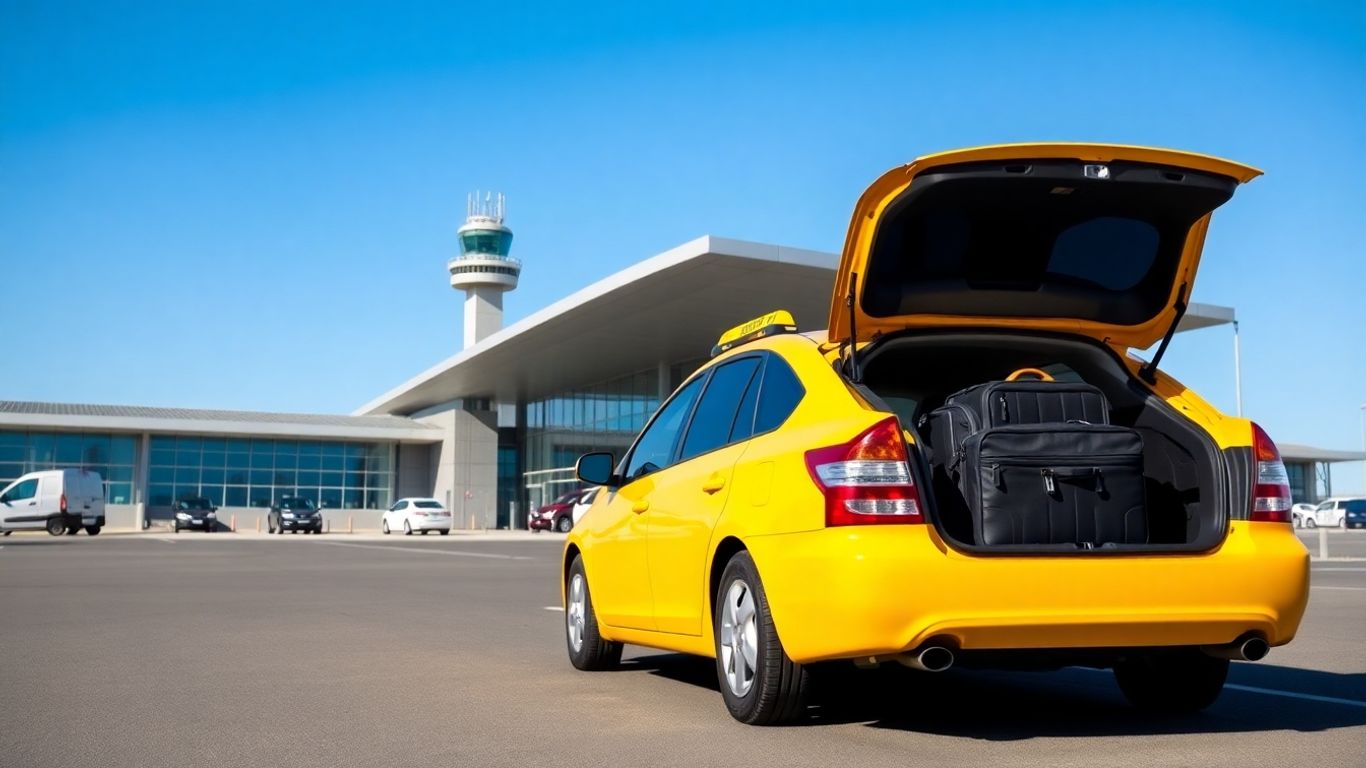 Taxi cab at airport entrance with luggage.