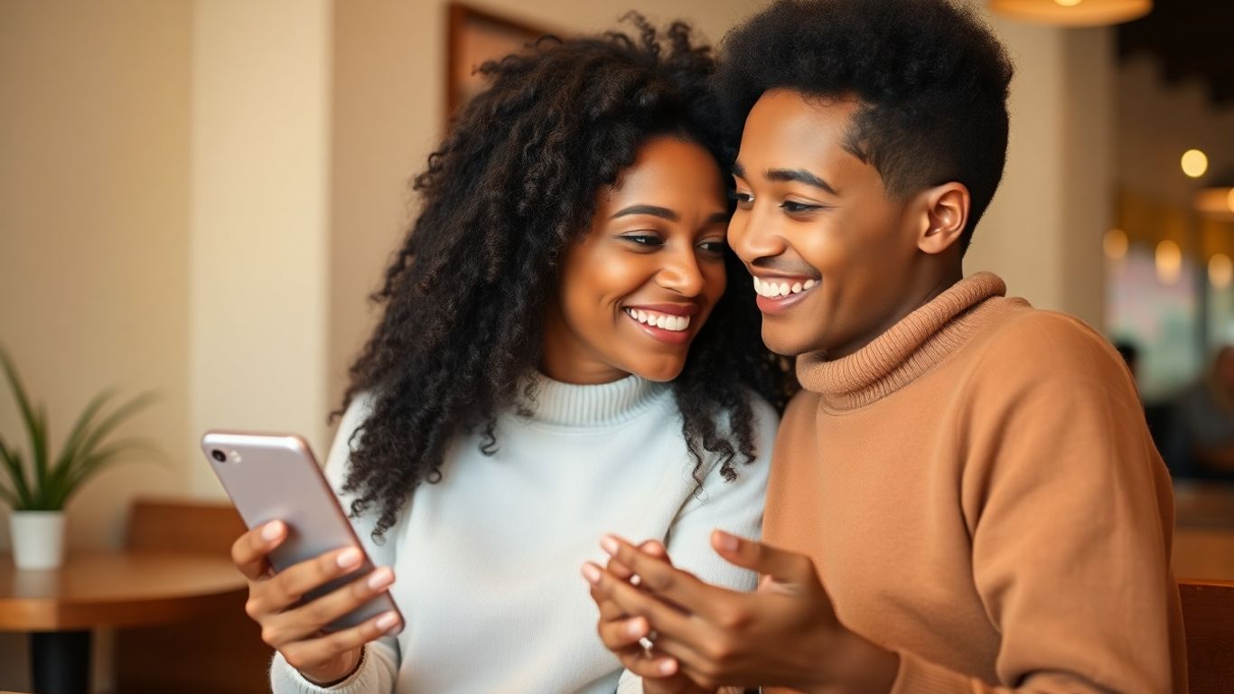 Couple transitioning from online chat to a first date.