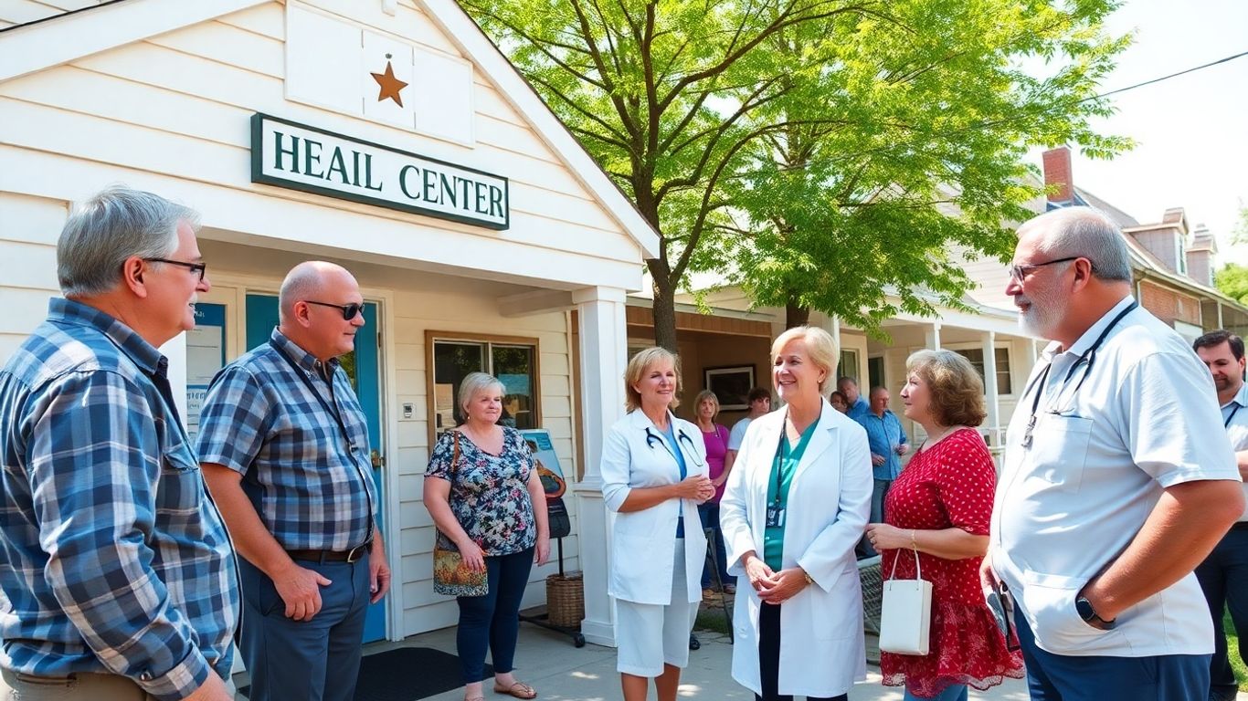 Des maires discutent près d’un centre de santé communal.
