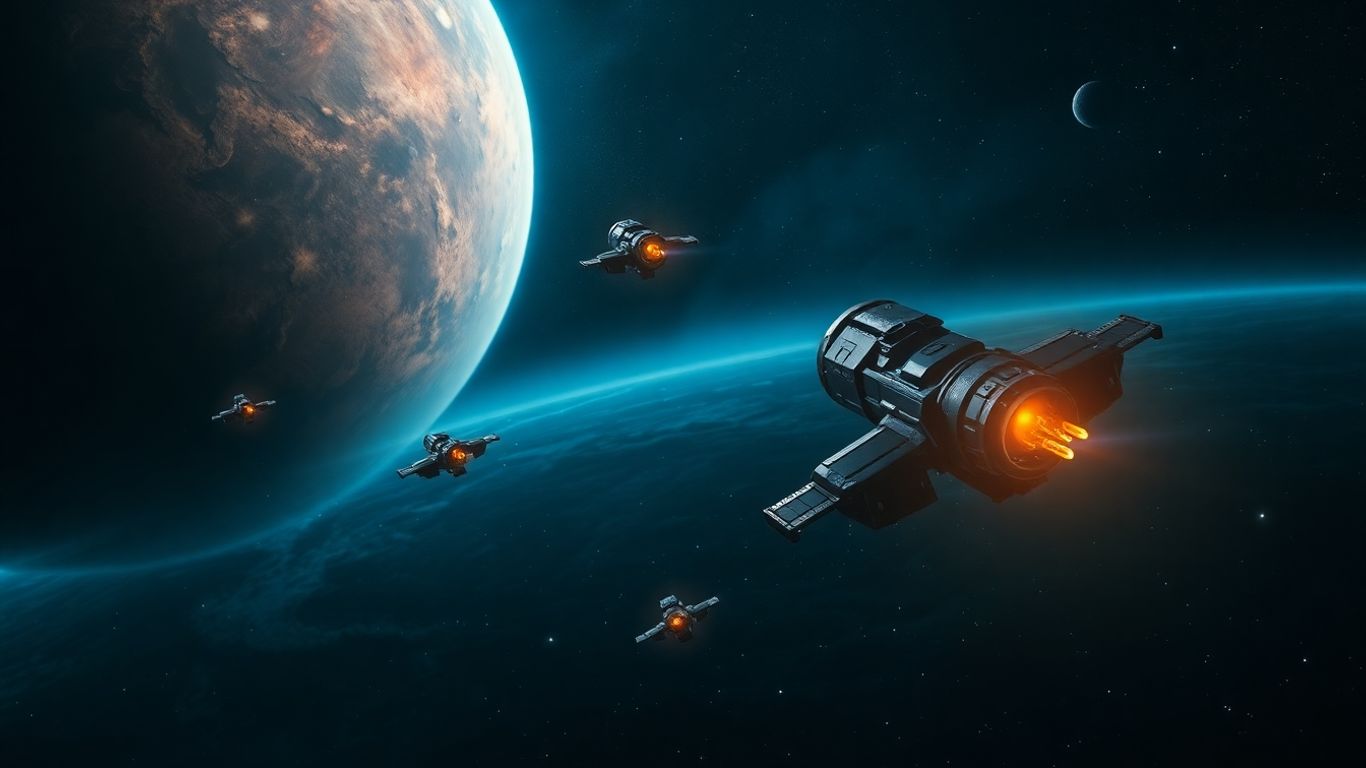 AI spacecraft and satellites orbiting a distant planet in space