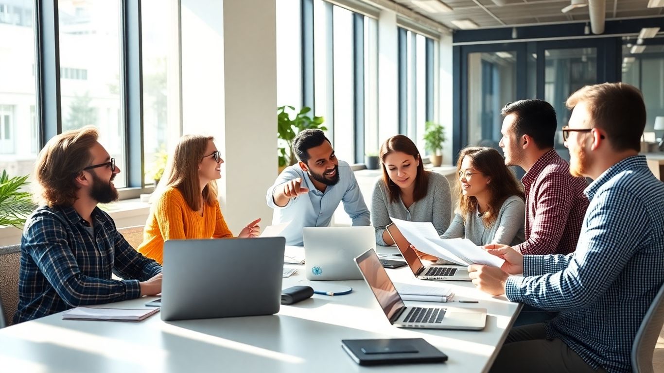 Team collaborating in a modern office setting.