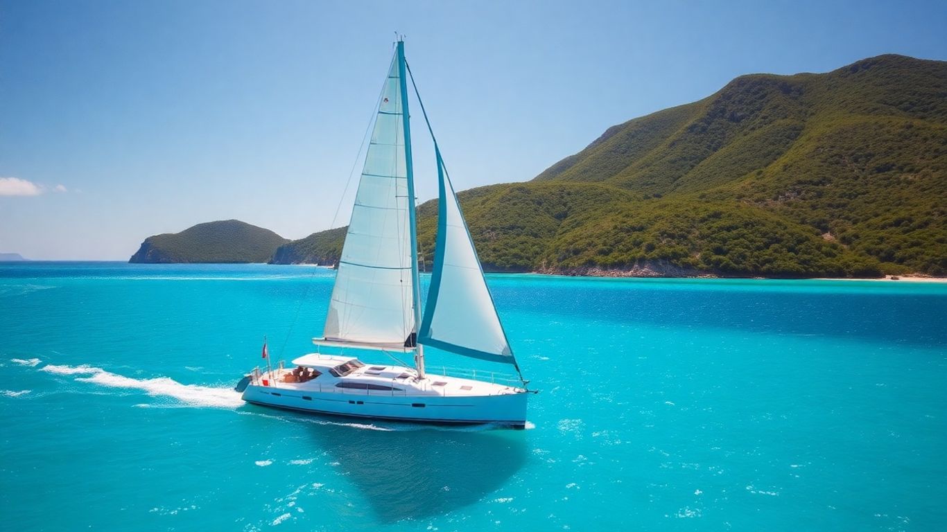 Sailboat on turquoise water near lush islands.