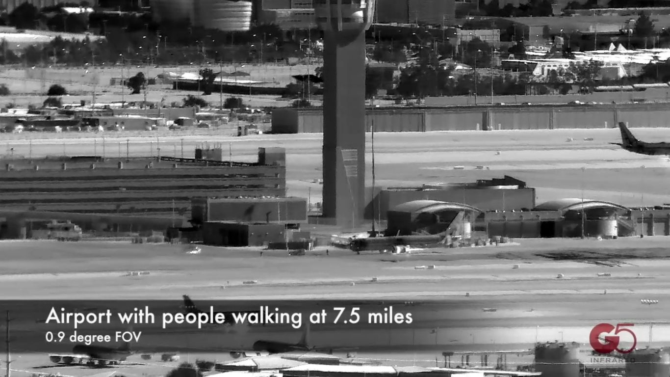 Airport scene with planes and people visible from a distance.