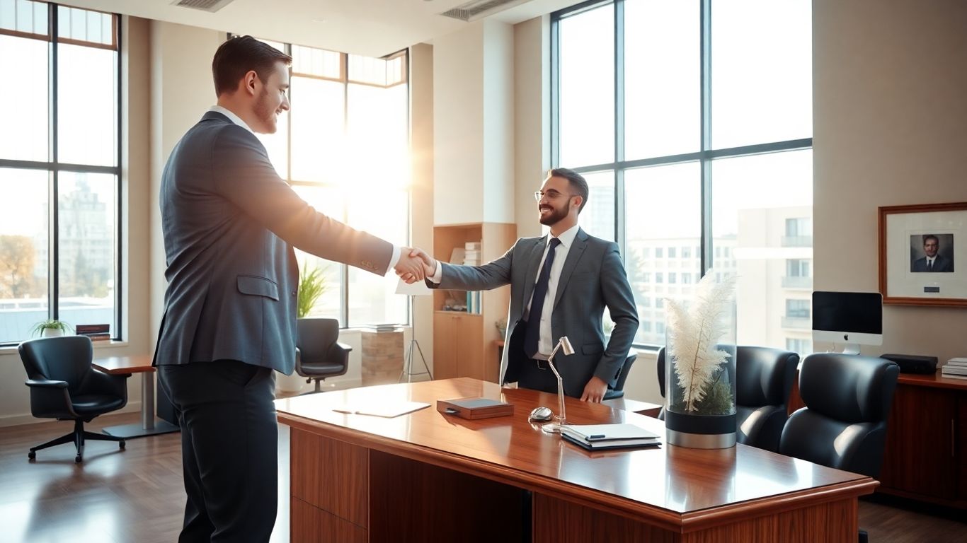 Lawyers shaking hands in a modern office.