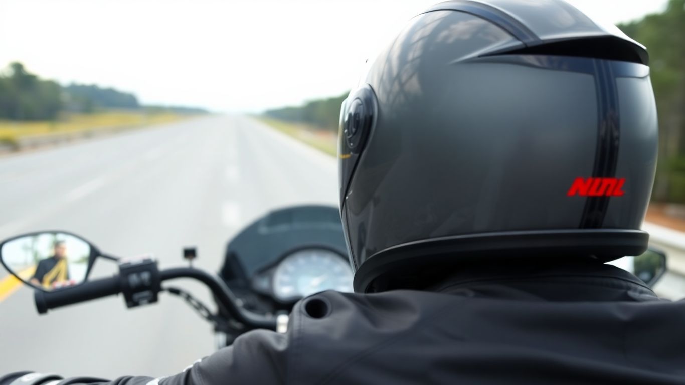Motorcycle rider in Georgia wearing a helmet on a highway.