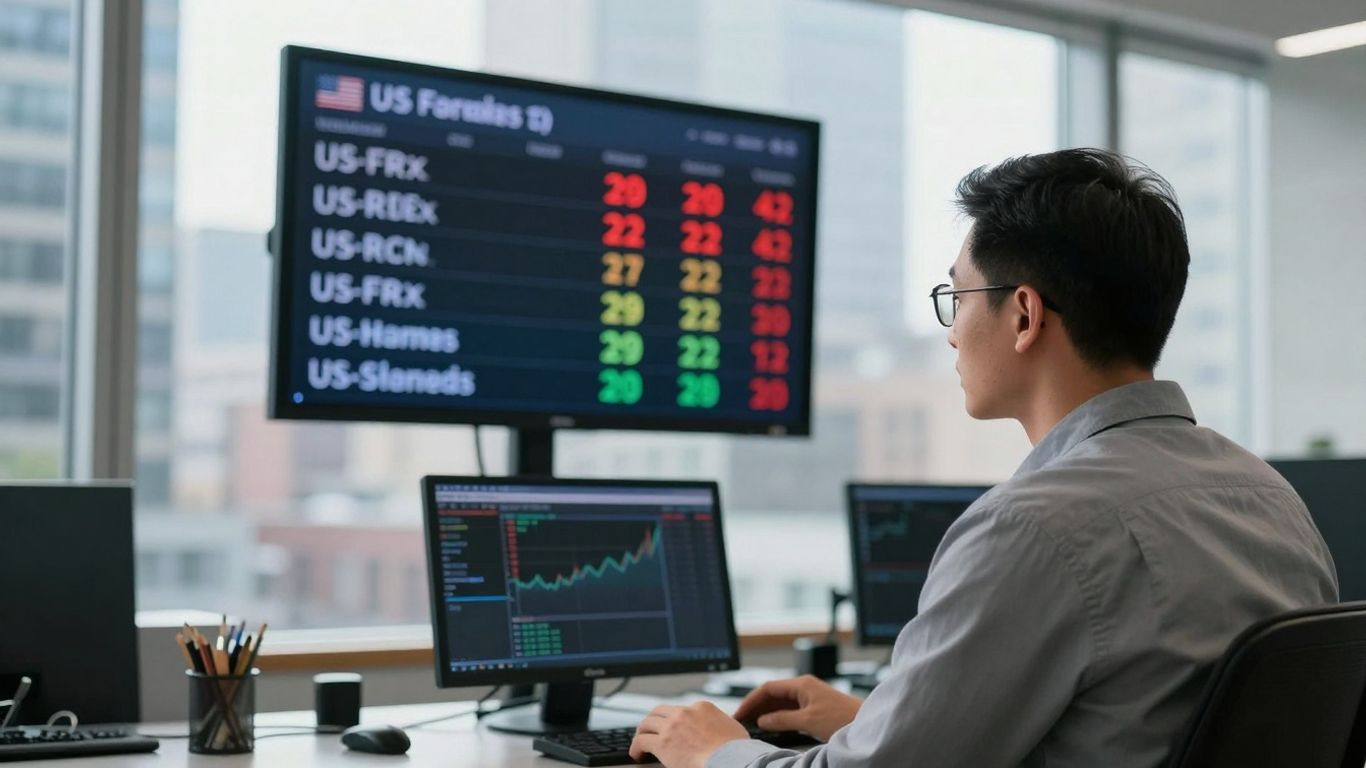US Forex trading with currency exchange rates and cityscape.