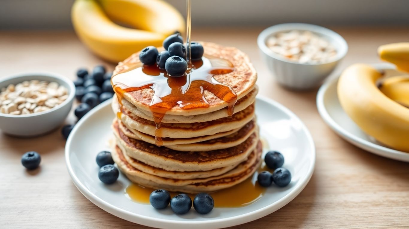 Blueberry flax pancakes topped with blueberries and syrup.