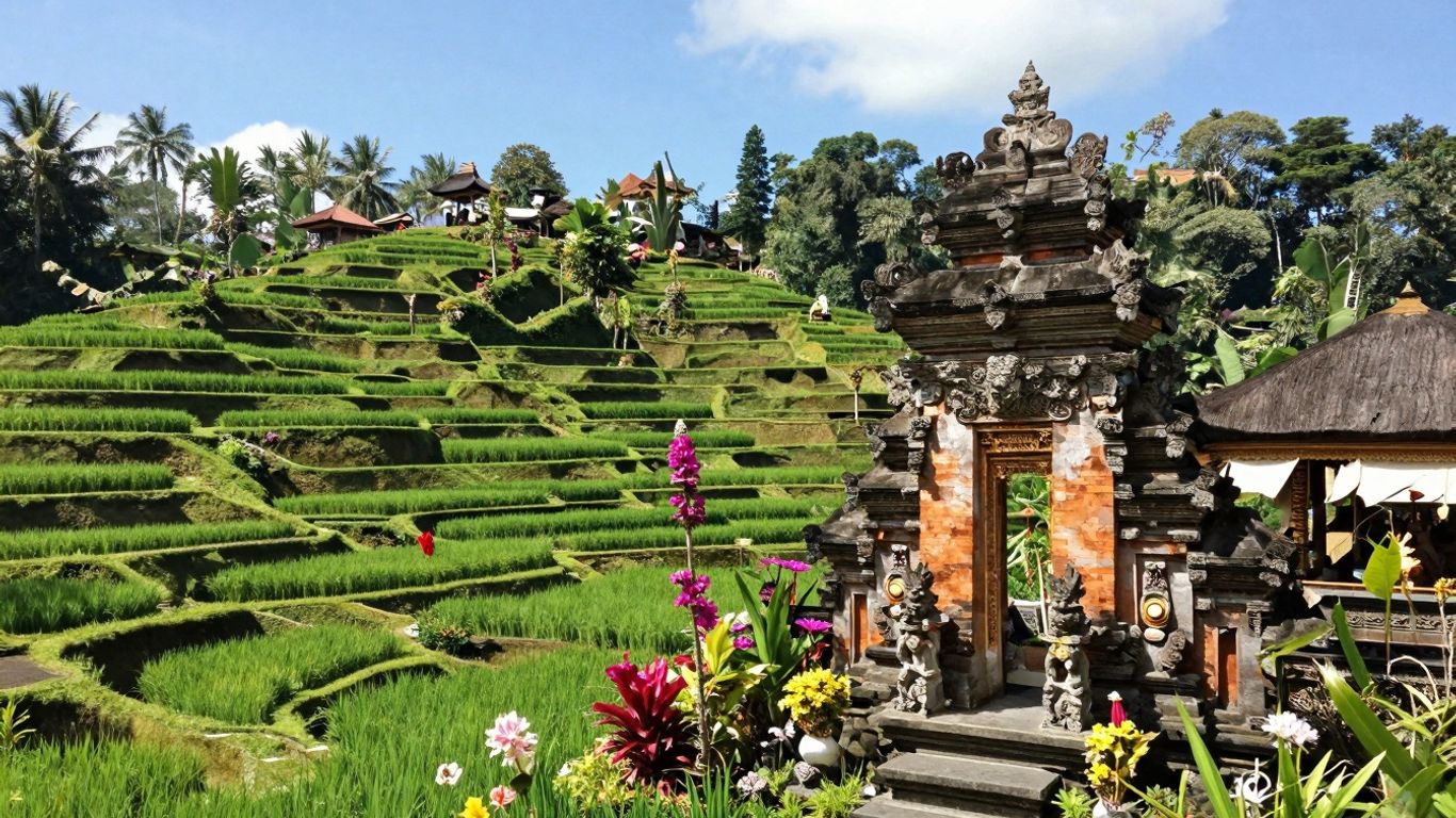 Lush Bali rice terraces and a traditional temple.