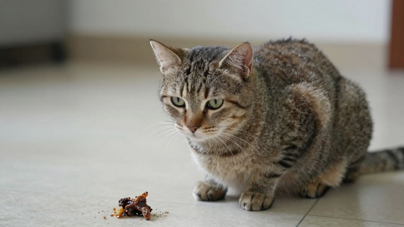 Cat looking concerned near a small pile of vomit.