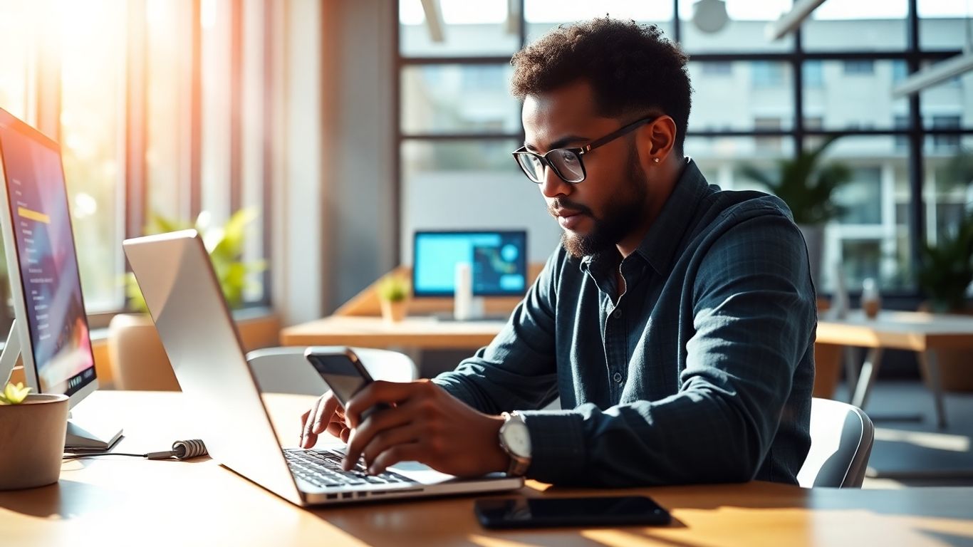 Person managing social media on laptop and phone.