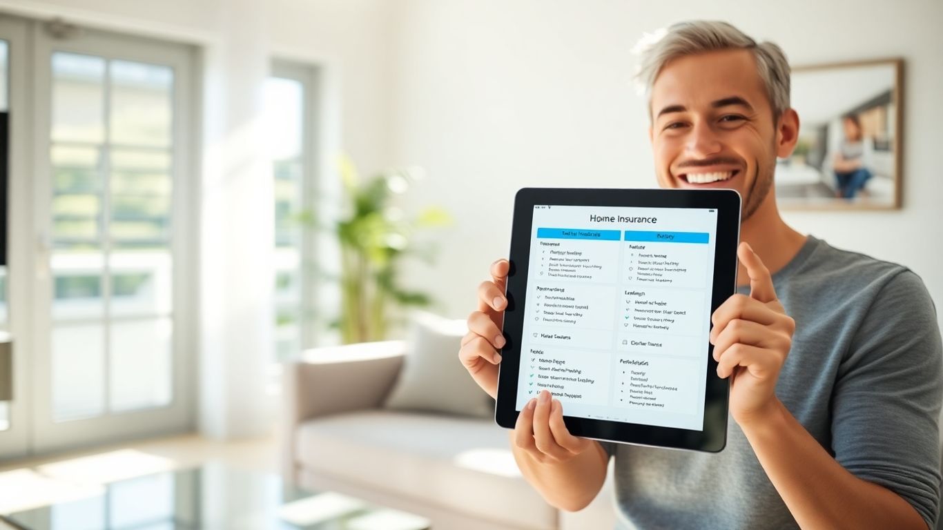Persona feliz con llave y tablet comparando seguros de hogar.