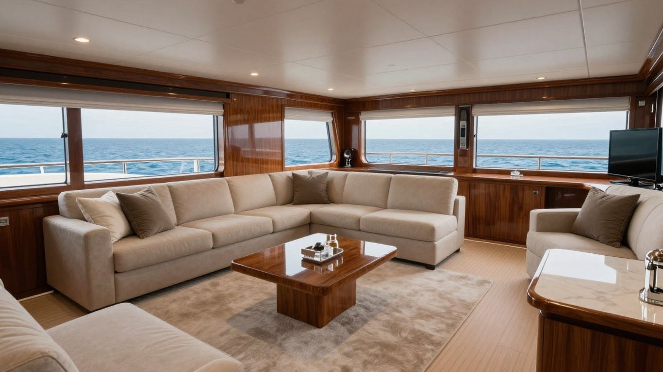Luxury yacht interior with elegant design and ocean views.
