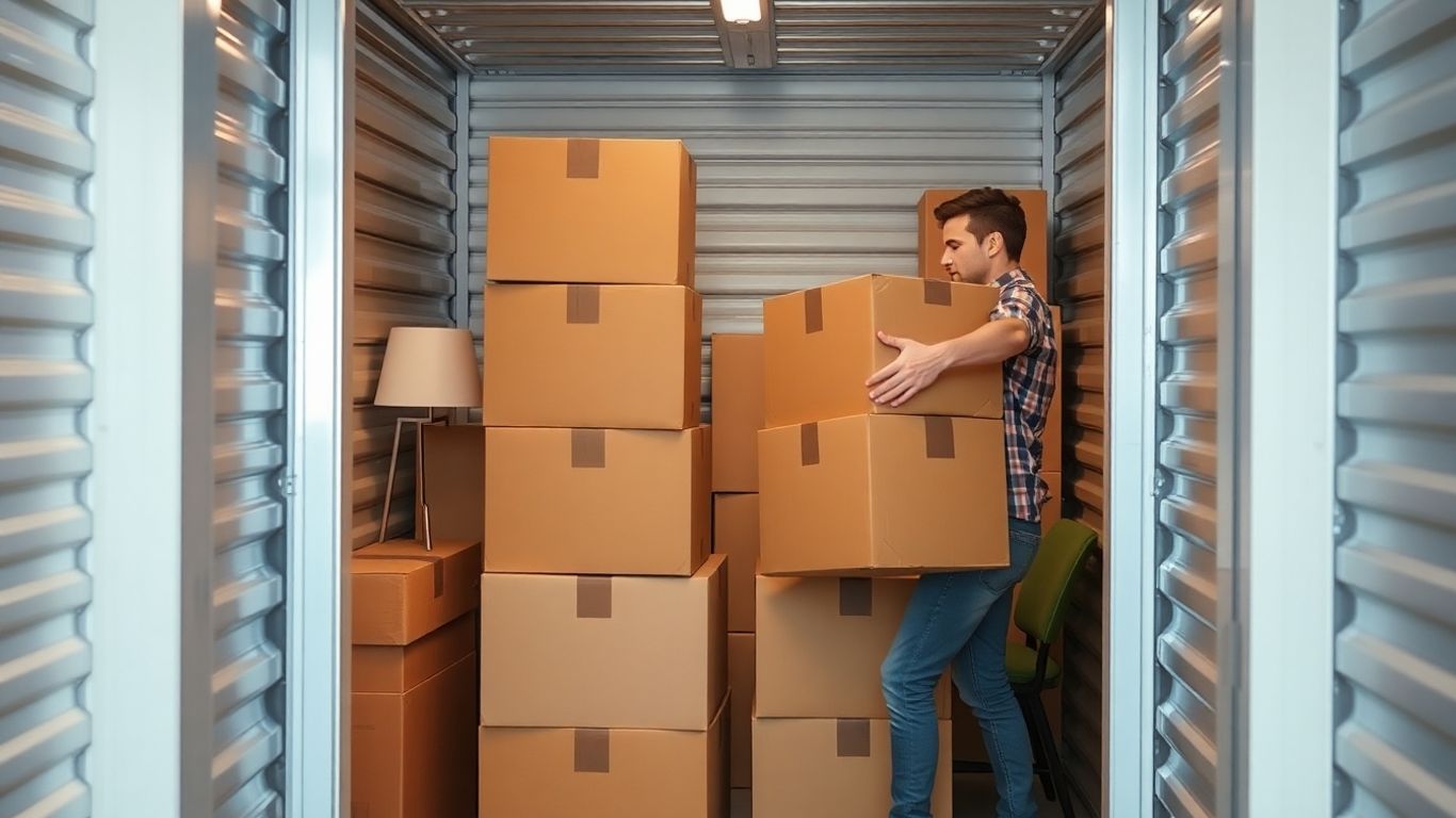 Person stacking boxes in a bright storage unit