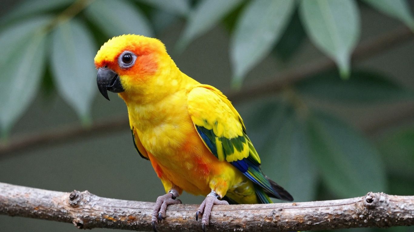 Golden Conure bird perched on a branch.