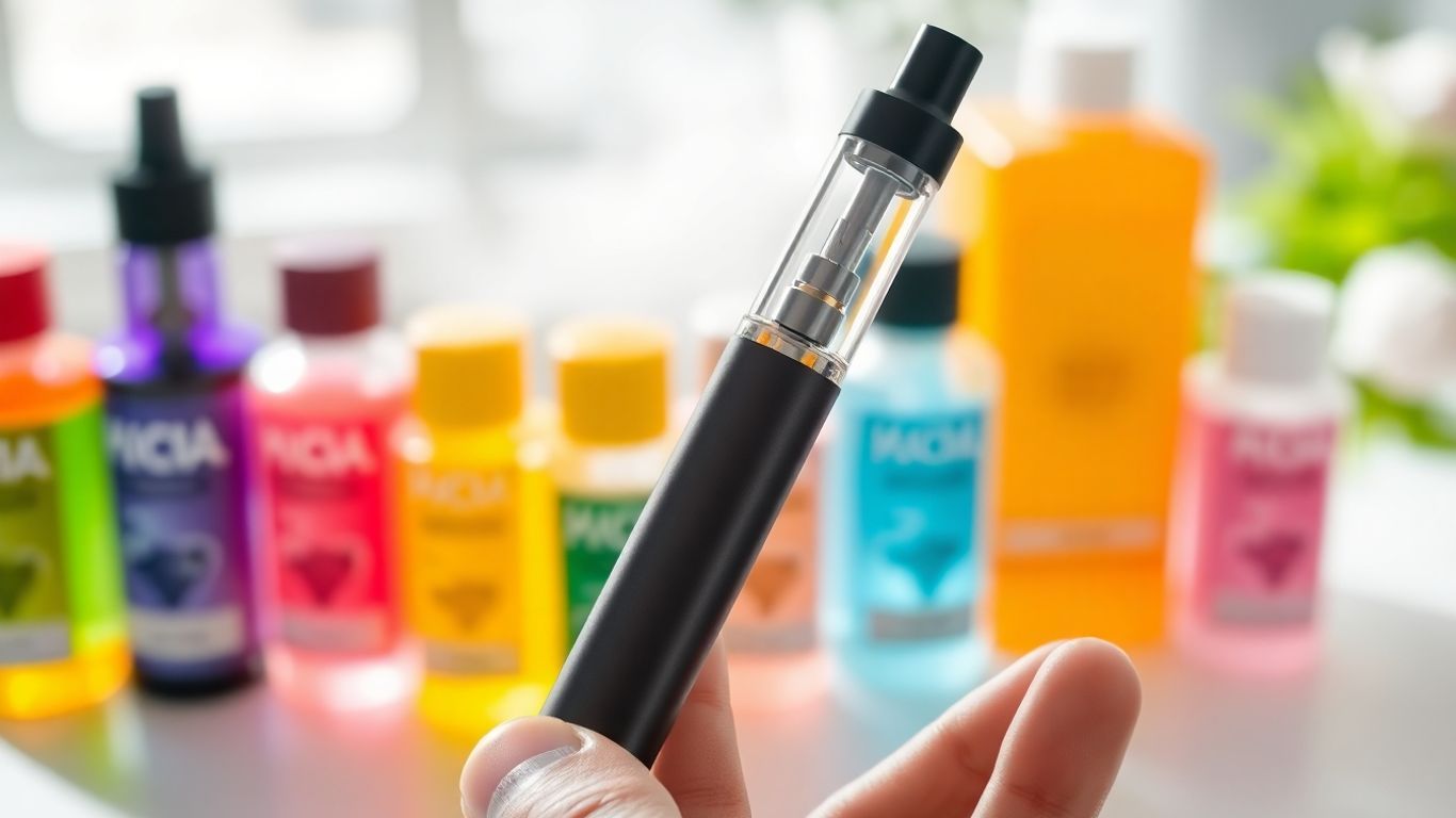 Vape pen with e-liquid bottles and vapor.