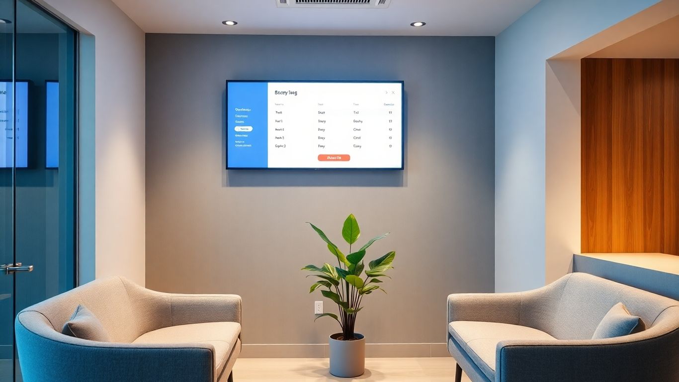 Clinic booking system interface on a digital screen.