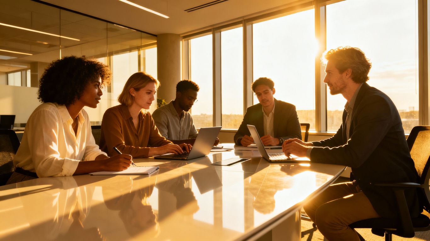 Business team collaborating in a bright, modern office.
