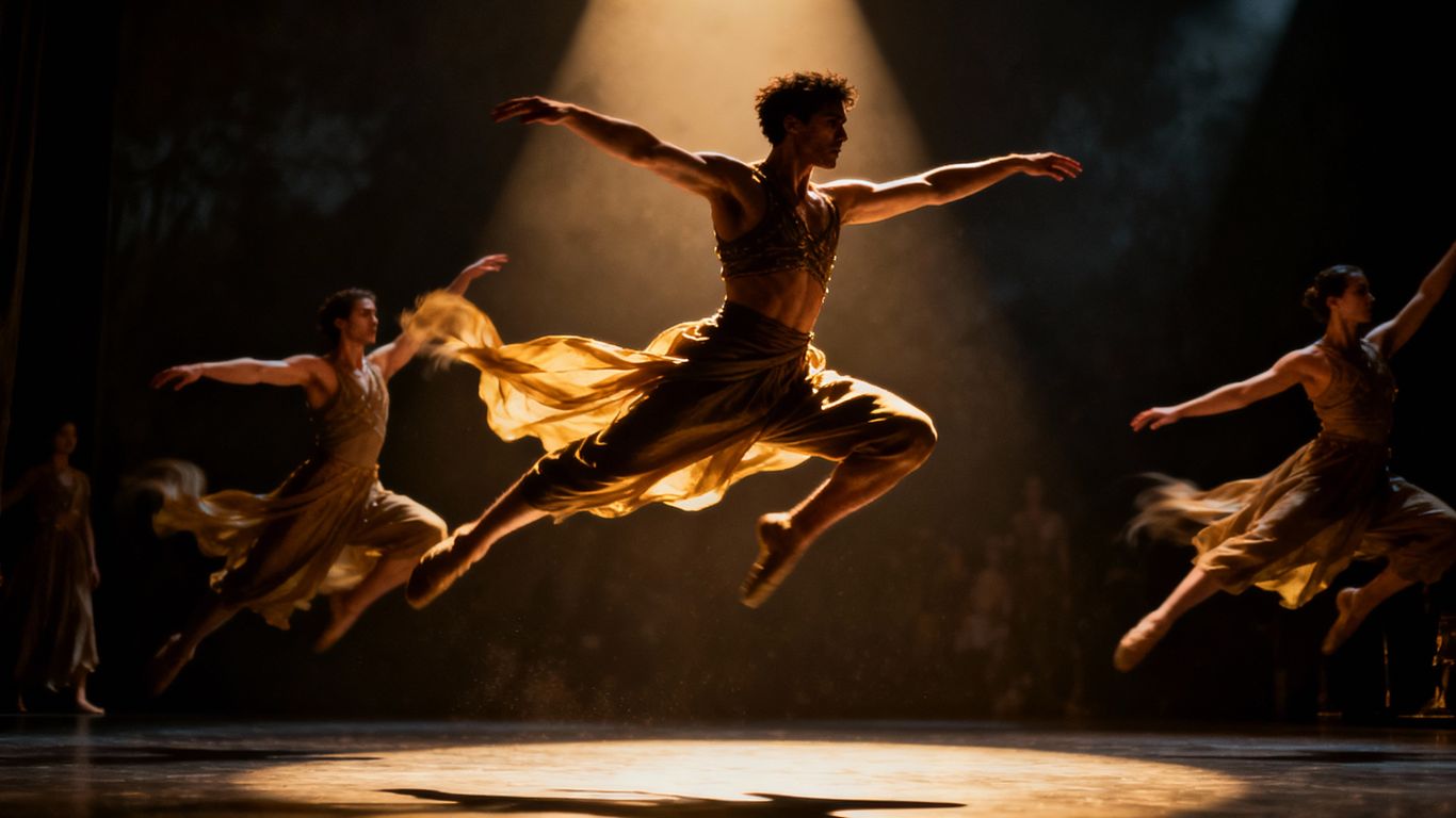 Ballet Rambert dancers performing a dramatic scene.
