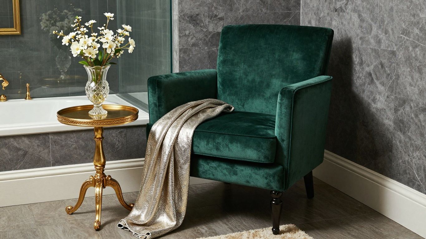 Colț de living luxos cu fotoliu de catifea și accente aurii.