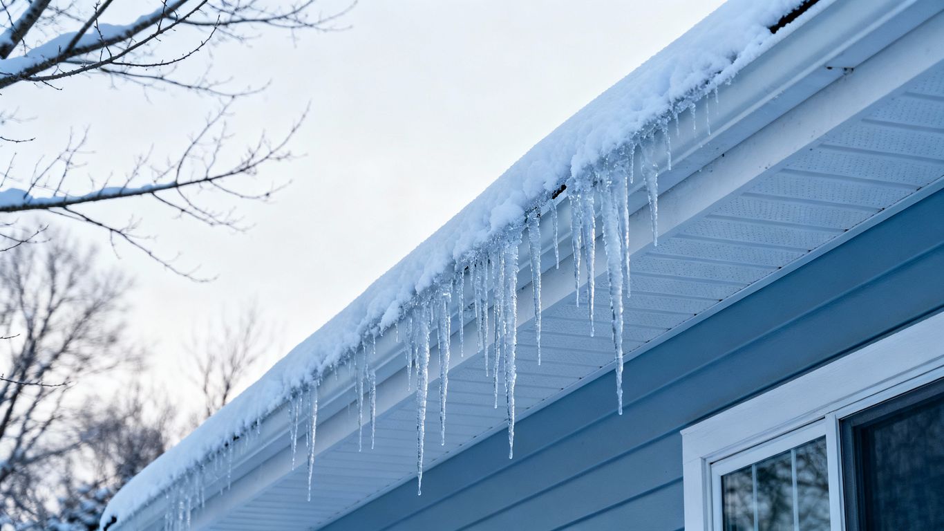 Winter roof with icicles and snow.