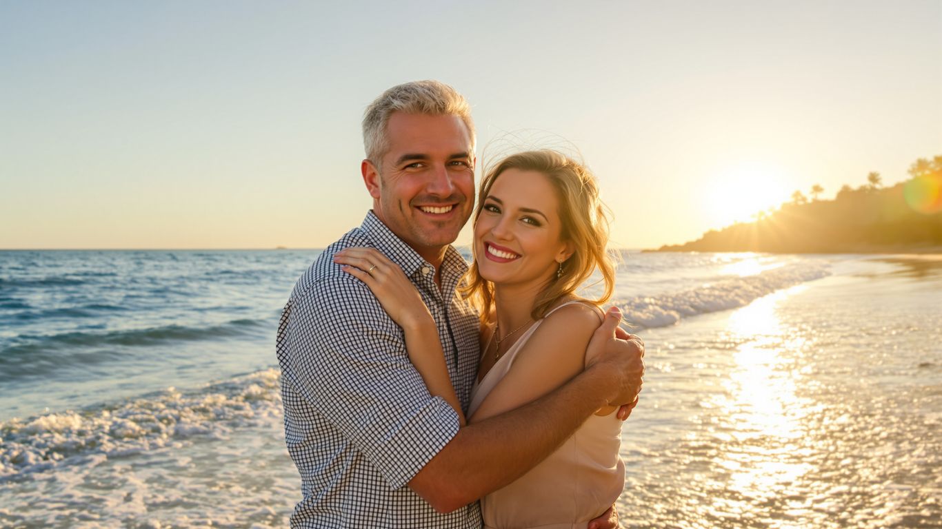 Couple embracing on a sunny beach at sunset.