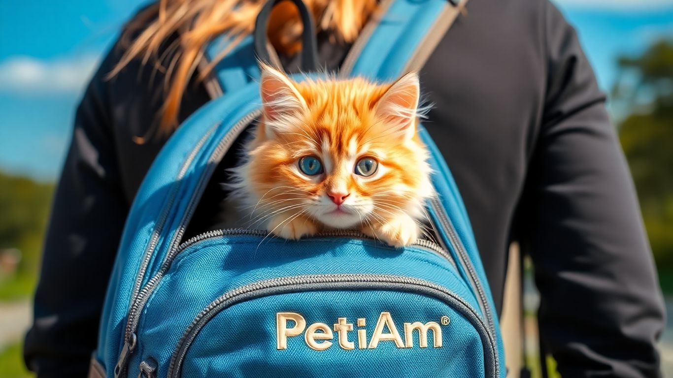 Cat in a blue PetAmi backpack on a walk