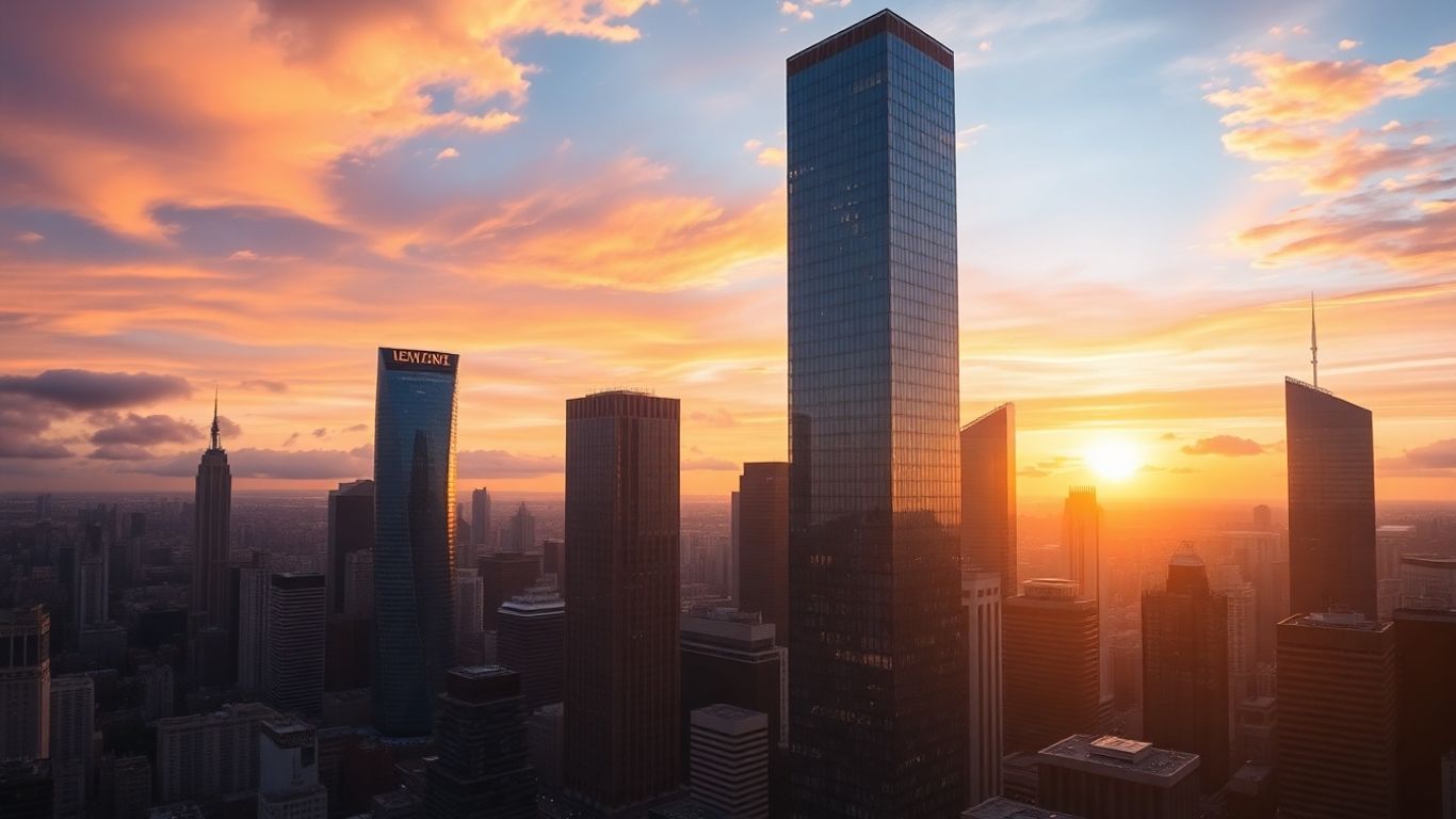 Cityscape at dawn with sunlit skyscrapers.