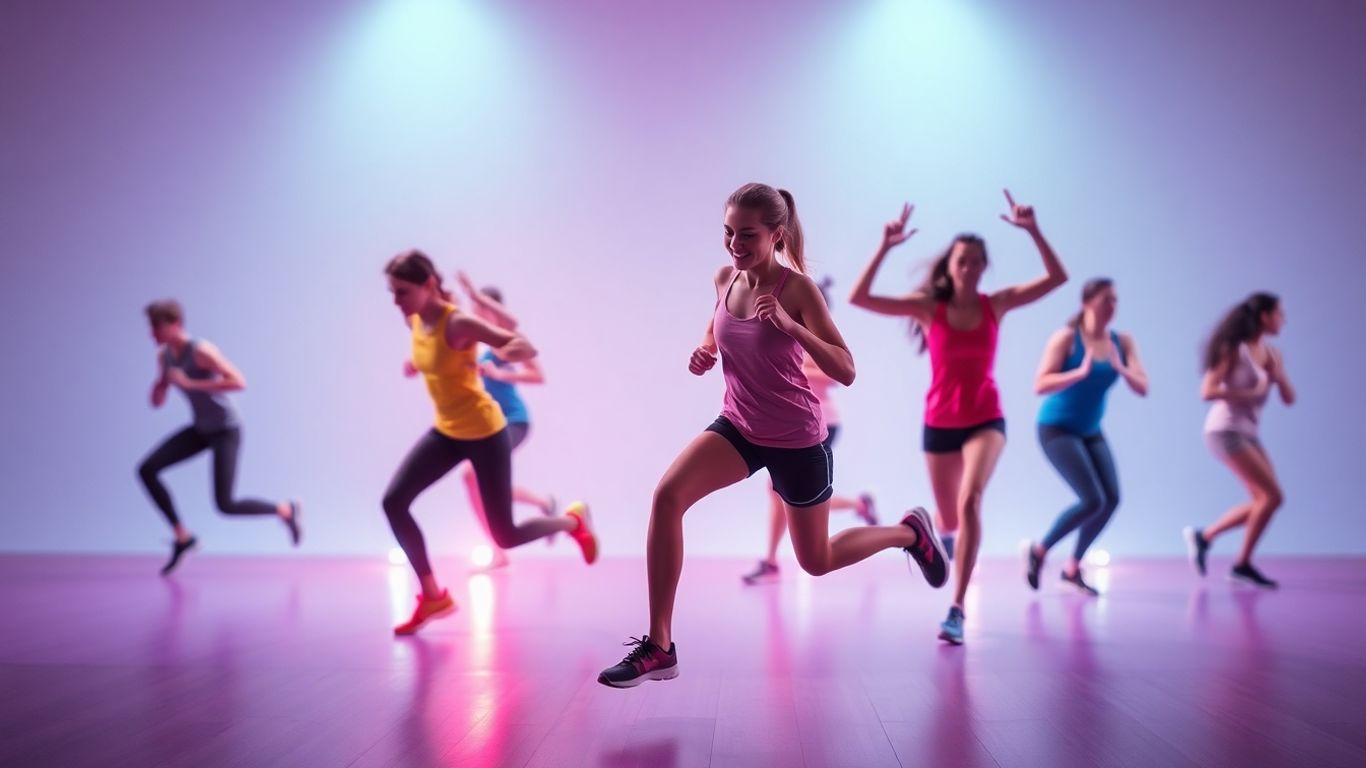 People exercising with fun, game-like visual elements.