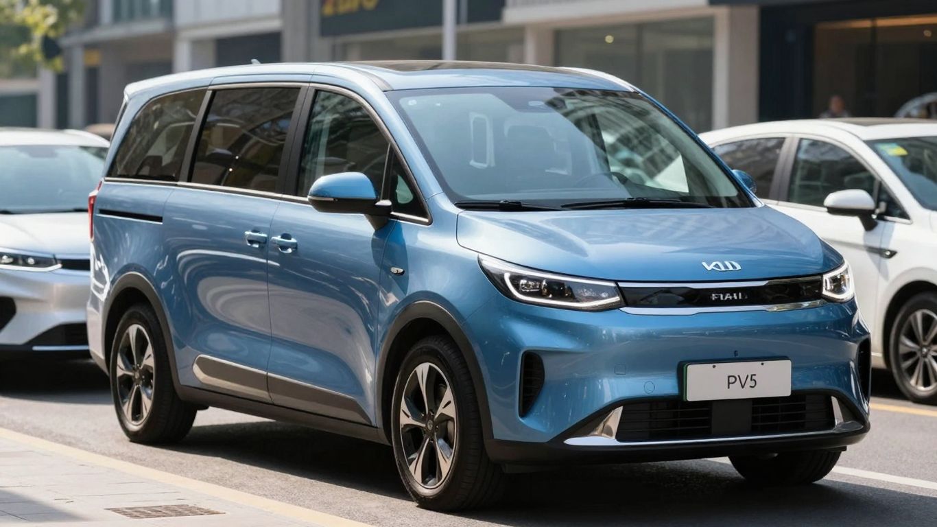 Kia PV5 electric van on a city street.