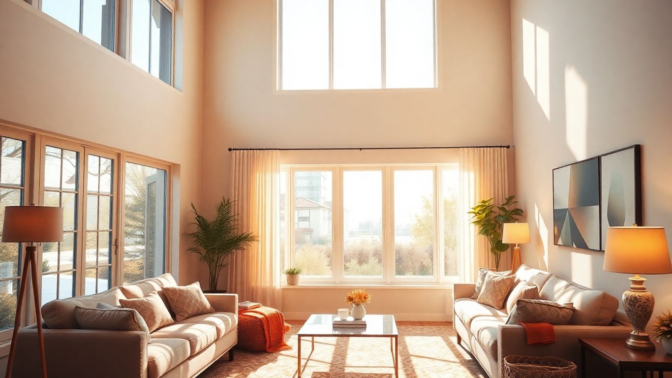 Sunlit living room with warm, inviting light.