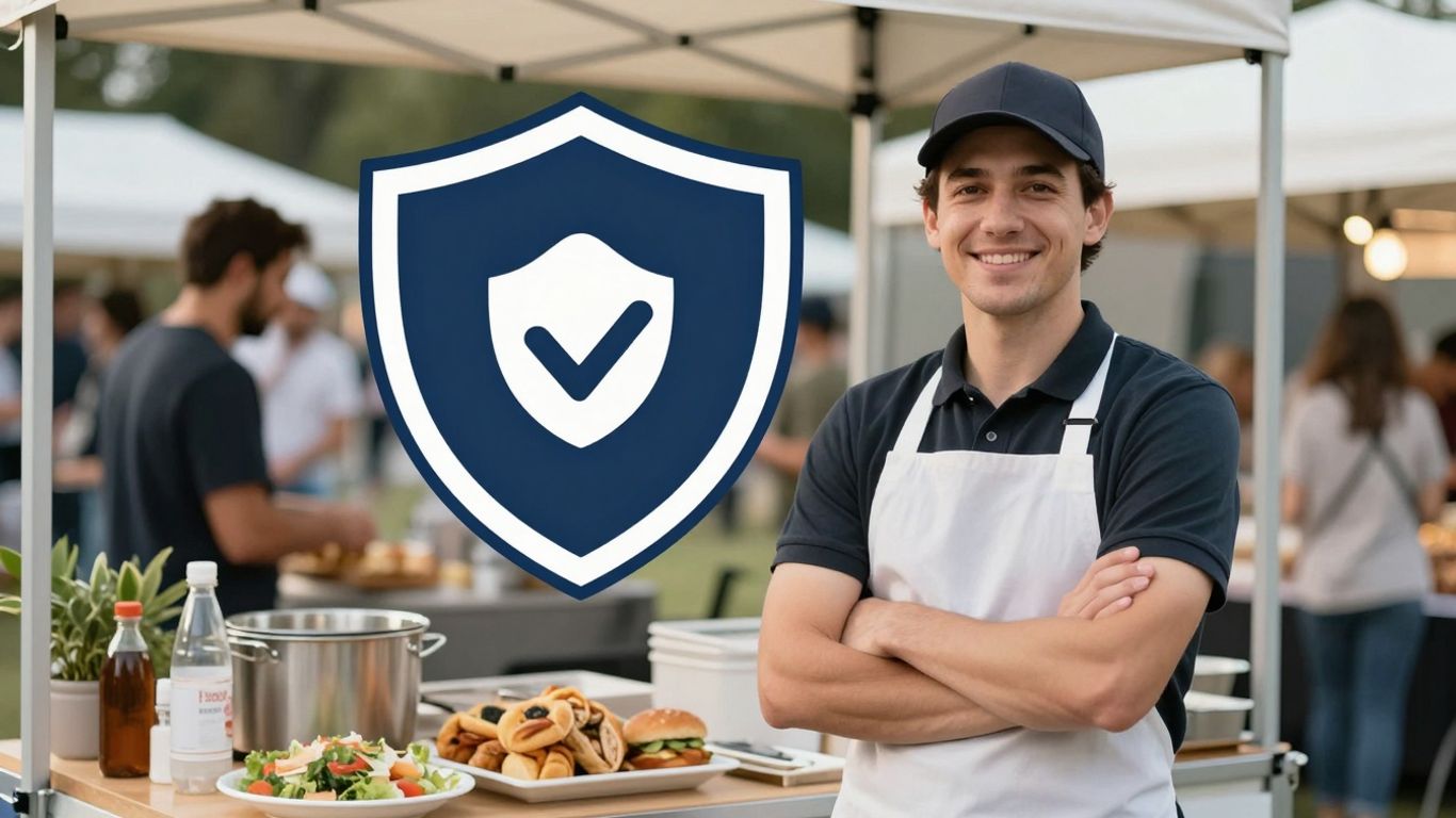 Catering business owner with insurance shield icon.