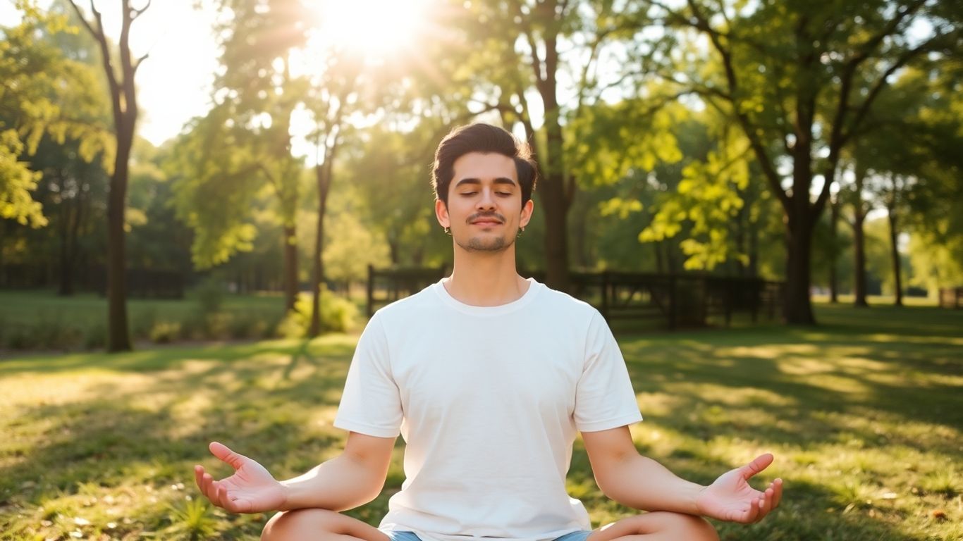 Person meditating peacefully in a sunlit natural setting.