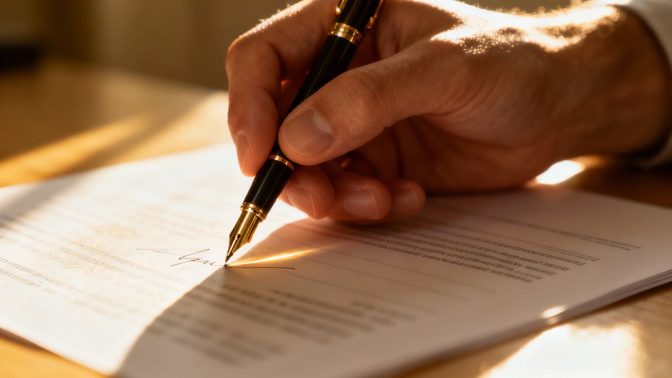 Hand signing a document with a pen.