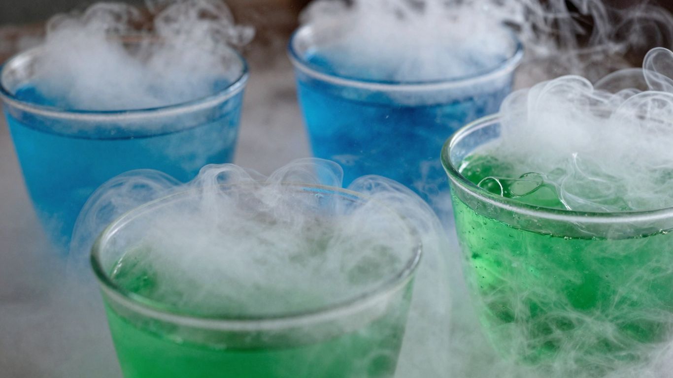 Wirbelnde blaue und grüne Flüssigkeiten mit aufsteigendem Dampf.
