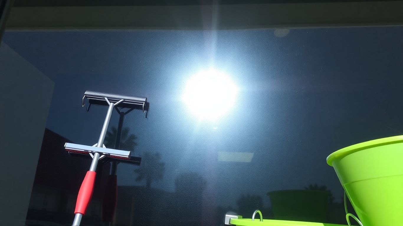 Sparkling clean storefront window with cleaning tools.